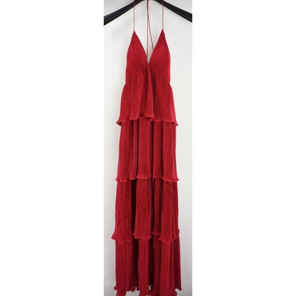 New 358$ Ieena for Mac Duggal Women's Size 8 Red Tiered Ribbed Maxi Dress